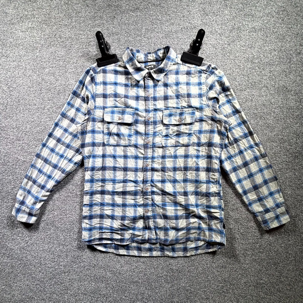 Hurley Flannel Shirt Mens Large Blue Gray Plaid Classic Fit Button Front Outdoor